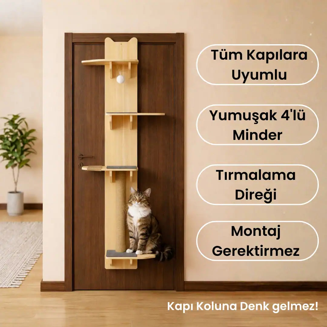 Kapıya Asılabilen Tırmalama Direkli Kedi Rafı